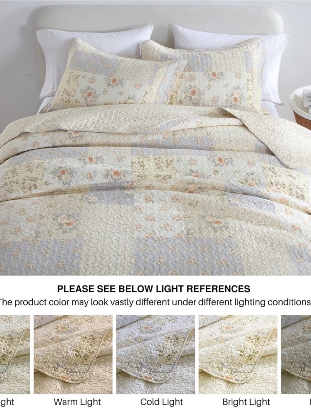 Vintage-Inspired Floral Patchwork Quilt Set in Cream and Light Blue - Picture 6 of 9